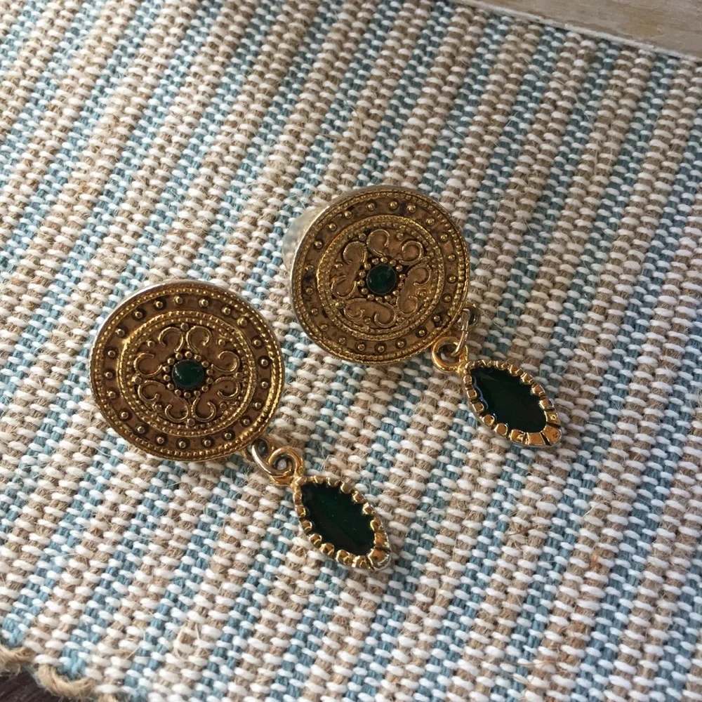 VINTAGE 1990’s Statement Earrings Gold Medalion & Rhinestone